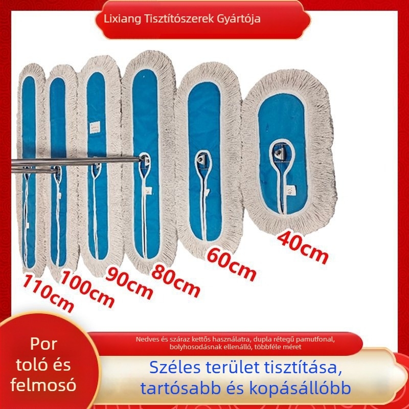 Nagy lapos mop pamutszálakkal, por eltávolítására iskolák és szállodák számára