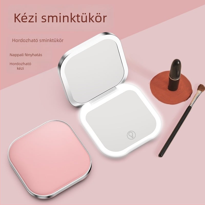 Hordozható LED sminktükör, egyoldali vil á gí tással, három színű fény, összecsukható kézi, USB-töltés