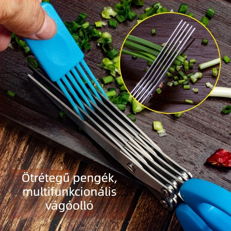 Rozsdamentes acélból készült konyhai olló, öt rétegű, vastított, többfunkciós a zöldhagymához, tengeri algákhoz és csilipaprikához