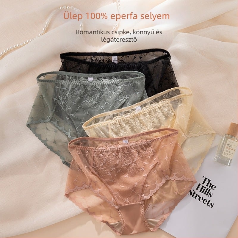 Csipkés női alsó virágos mintával, középmagas derék, kétszintes gussettel, 100% mulberry selyem, vékony és lélegző