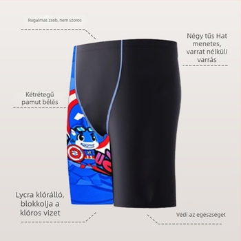 Gyerekeknek készült professzionális edző úszónadrág színes blokk mintával és karikatúra motívummal, gyorsan száradó és vízálló kültéri úszáshoz