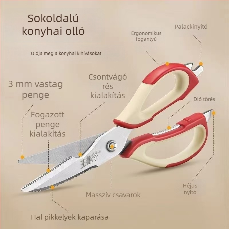Wang Mazi konyhai ollók háztartási használatra, multifunkcionális csontollók csirke csontokhoz, főzéshez, élelmiszerekhez, steakhez és barbecue-hoz