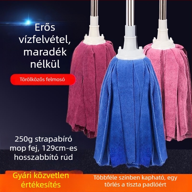 Klasszikus háztartási mop, kéz nélküli tisztítás, száraz és nedves kettős használat, pamut törölközőanyagú fej, nedvszívó kör alakú mop
