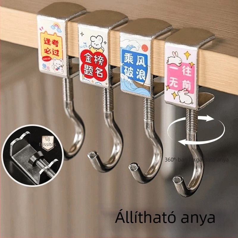 Fém hátizsák-akasztó az íróasztal oldalára, asztali akasztó, kollégiumi tároló; levehető és állítható