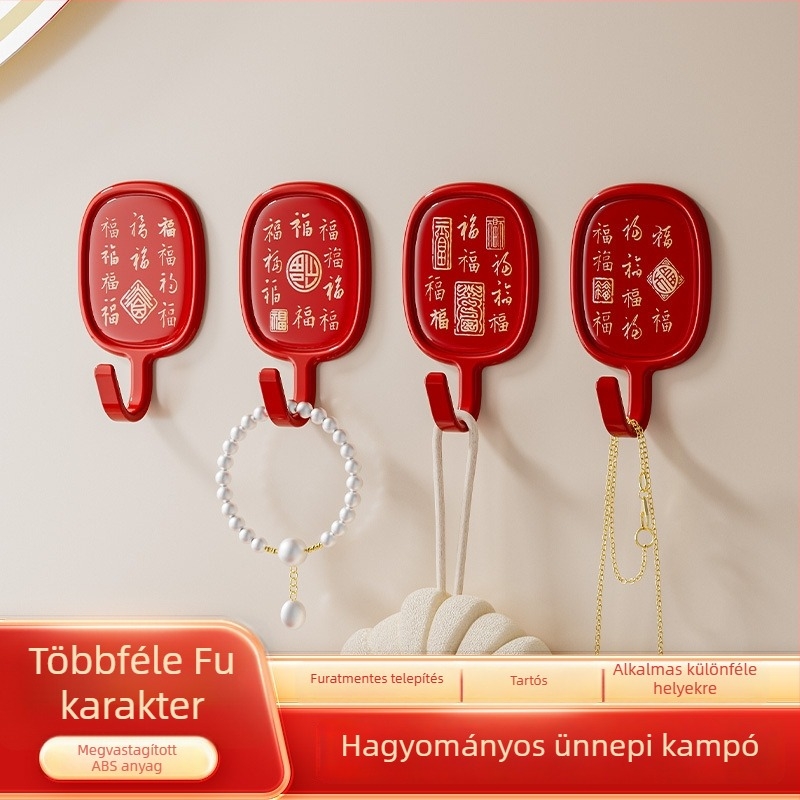 Vörös ünnepi ragasztós akasztó készlet, 4 db, fúrás nélkül, 1–3 kg teherbírás, ajtóhoz