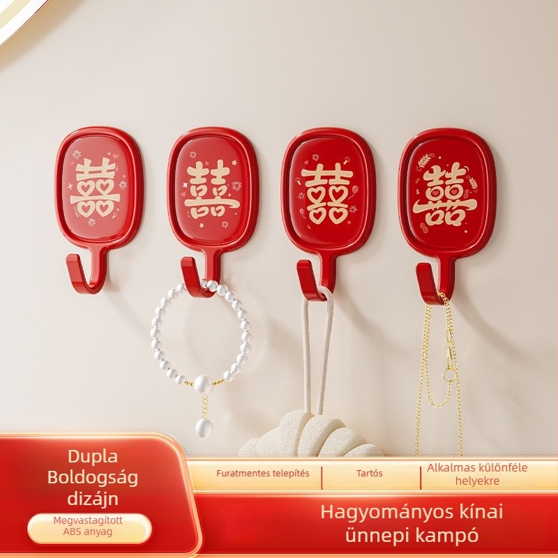 Vörös ünnepi ragasztós akasztó készlet, 4 db, fúrás nélkül, 1–3 kg teherbírás, ajtóhoz