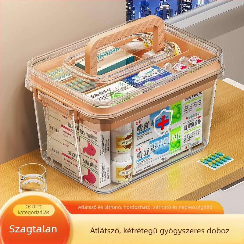 Átlátszó hordozható orvosi doboz, családi kiadás, kétszintes, nagy kapacitású, sürgősségi gyógyszerek tárolására