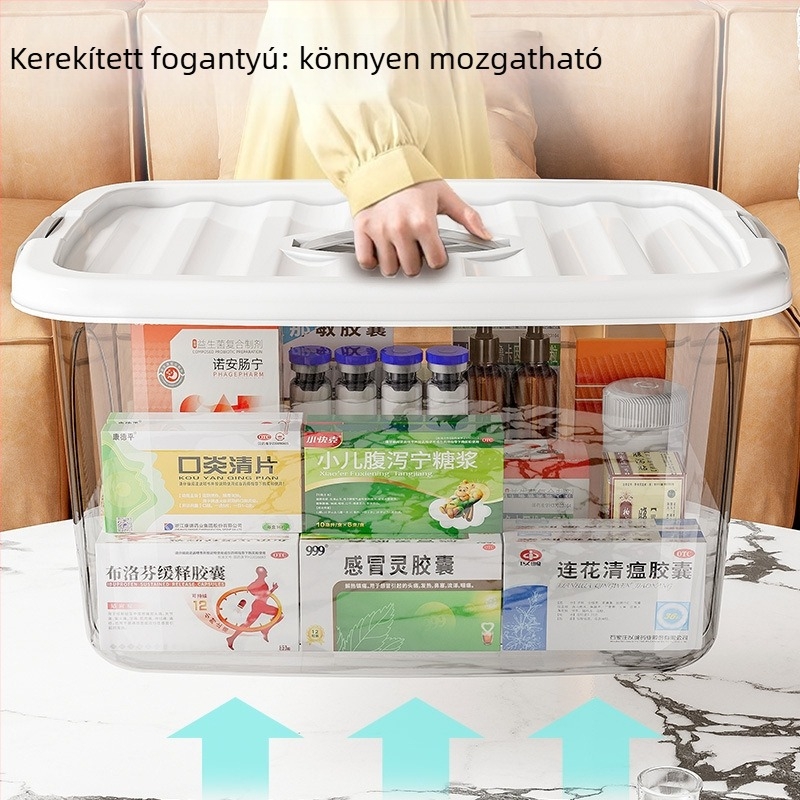 Átlátszó zárható gyógyszeres doboz, nagy kapacitású, fedéllel – otthoni elsősegély és gyógyszer tároló