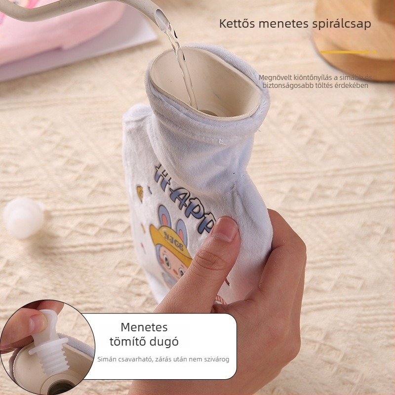 Vízfeltöltéses forróvíztároló palack, plüss vastag borítás, nagy kapacitás, rajzfilm dizájn