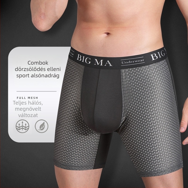 Hosszú férfi sportalsó, lélegző ice-silk anyagból, dörzsölésmentes, futáshoz való boxeralsó, plusz méret, fitnesz alsónemű