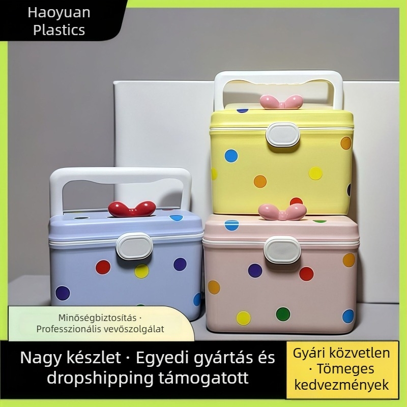 Dopaminos aranyos otthoni orvosi doboz többszintes elsősegély-rekeszekkel, műanyag masnival – kis gyógyszeres tároló