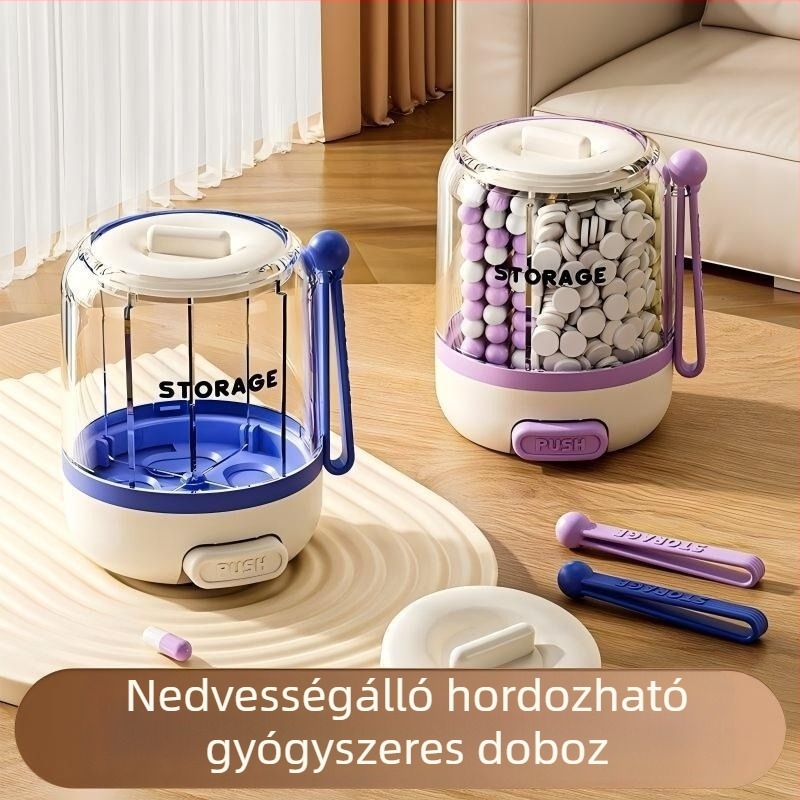Nyomó típusú gyógyszerosztó, hét napos tabletta- és kapszula tároló, hordozható doboz