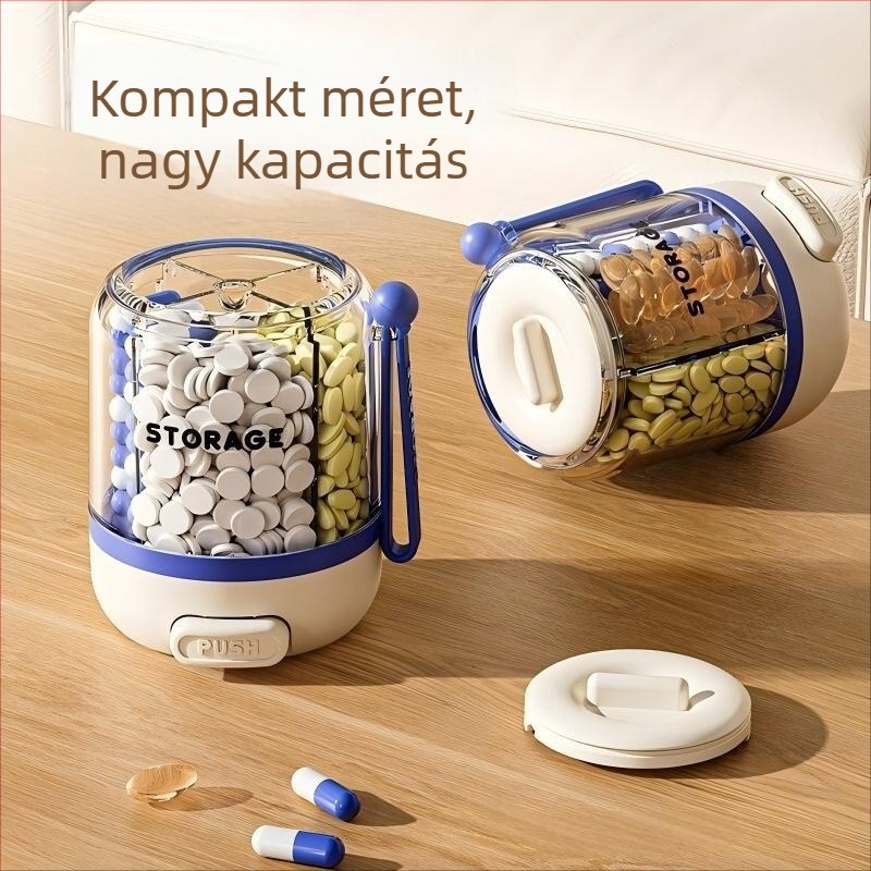 Nyomó típusú gyógyszerosztó, hét napos tabletta- és kapszula tároló, hordozható doboz