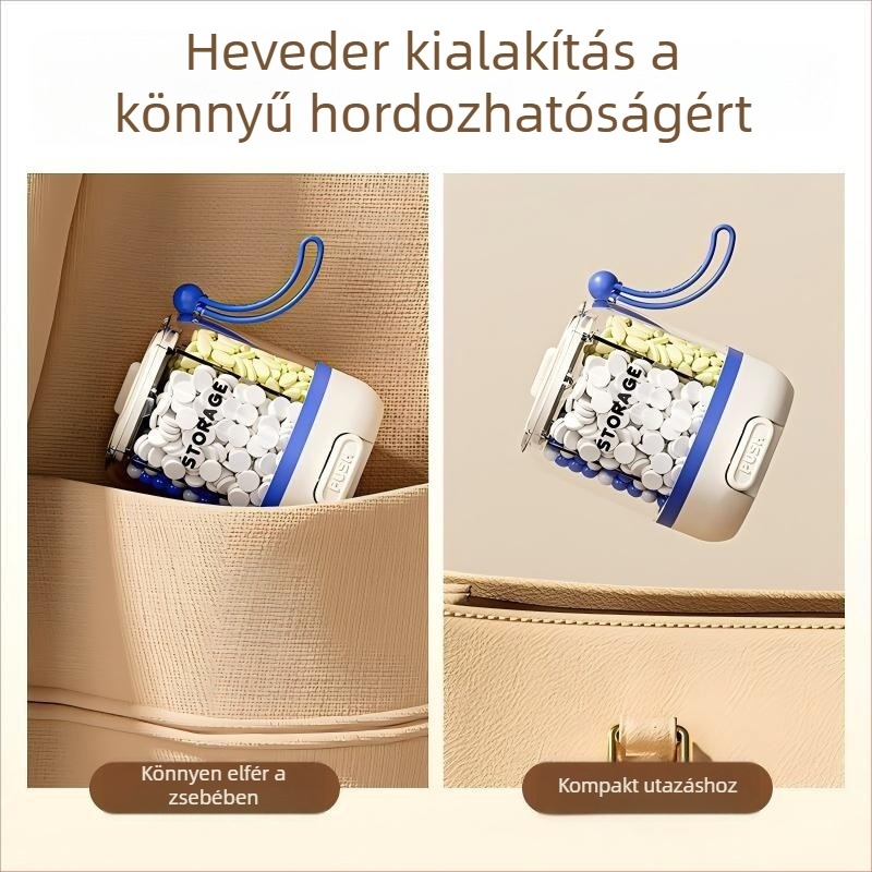 Nyomó típusú gyógyszerosztó, hét napos tabletta- és kapszula tároló, hordozható doboz