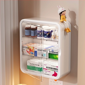 Fali gyógyszeres szekrény, műanyagból, furatmentes rögzítés, 3-szintes tároló, 18 L