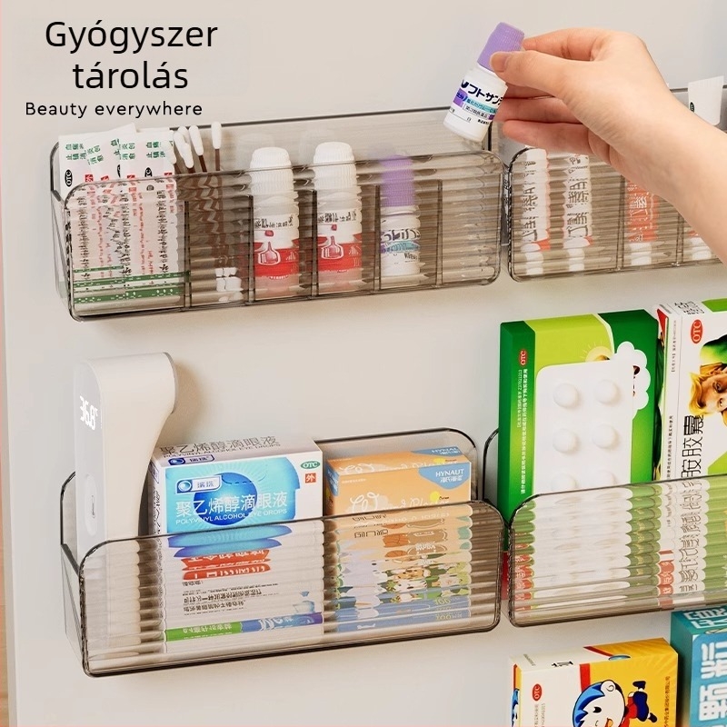 Fali gyógyszer-tároló doboz, átlátszó, többszintes, kis elsősegély-szekrény, fúrás nélkül