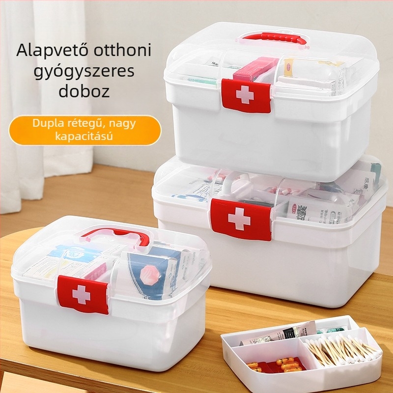 Családi gyógyszeres doboz, nagy kapacitású, többrétegű rendező, otthoni használatra és gyermekgyógyszerekhez