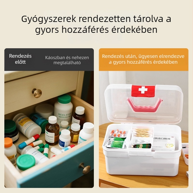 Családi gyógyszeres doboz, nagy kapacitású, többrétegű rendező, otthoni használatra és gyermekgyógyszerekhez