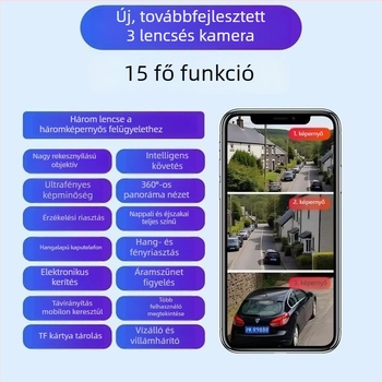 Kültéri napelemes megfigyelő kamera három lencsével, 360° lefedettség, ultraéles felvétel, vízálló