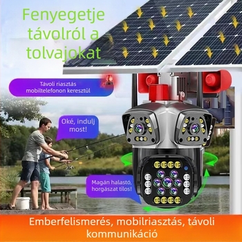 Kültéri napelemes megfigyelő kamera három lencsével, 360° lefedettség, ultraéles felvétel, vízálló