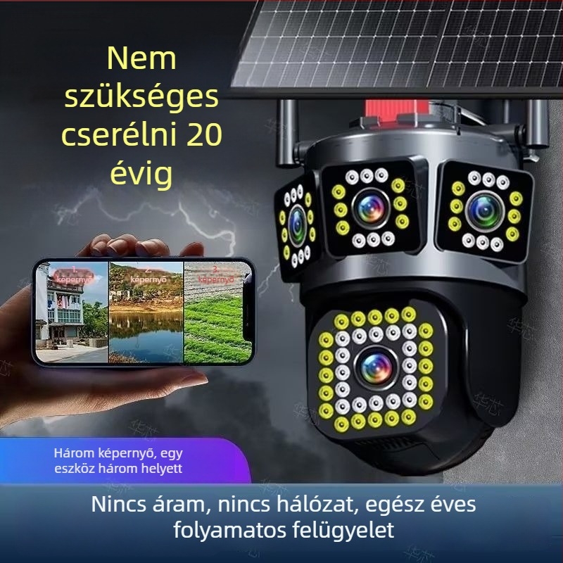 Kültéri napelemes megfigyelő kamera három lencsével, 360° lefedettség, ultraéles felvétel, vízálló