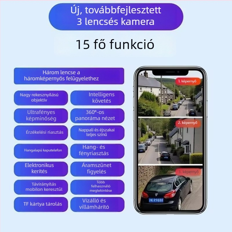 Kültéri napelemes megfigyelő kamera három lencsével, 360° lefedettség, ultraéles felvétel, vízálló