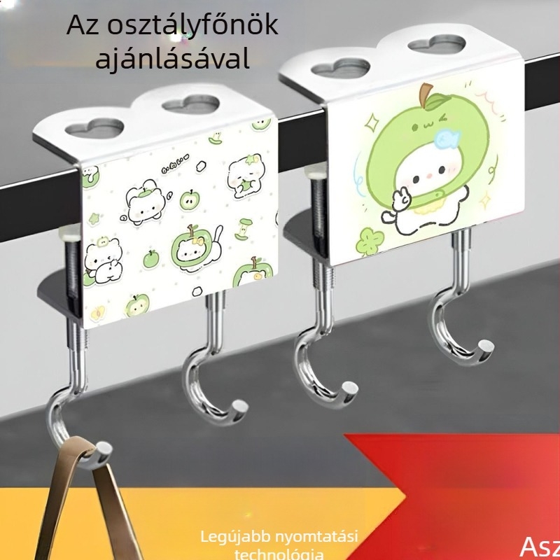 Macska-stílusú dupla akasztó zöld alma színben, iskolai táskákra és az íróasztal éleire, strapabíró és levehető