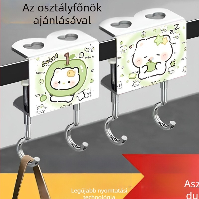 Macska-stílusú dupla akasztó zöld alma színben, iskolai táskákra és az íróasztal éleire, strapabíró és levehető