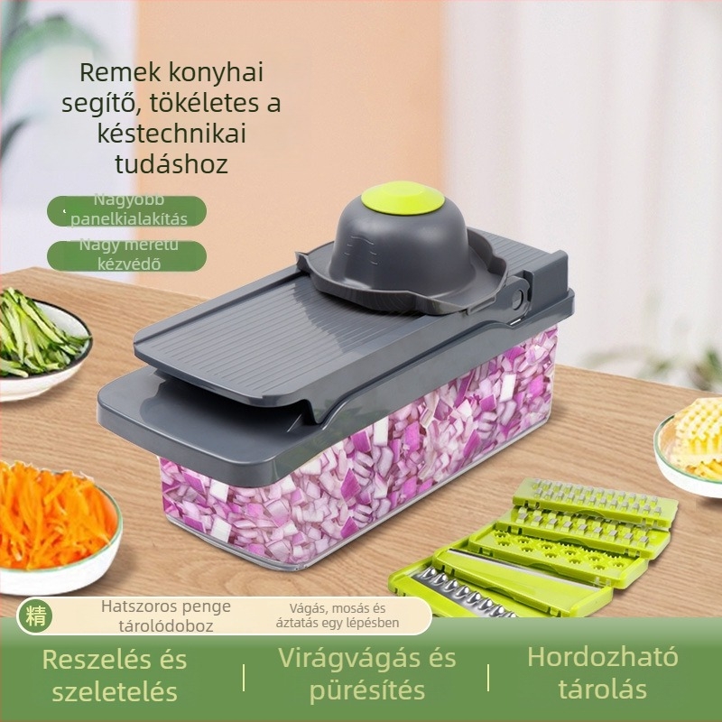 Konyhai többfunkciós zöldségvágó – reszelő, kockára vágó és szeletelő funkciókkal gyümölcsökhöz és zöldségekhez.