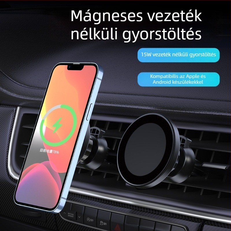 Autóban használható mágneses vezeték nélküli töltő, kompatibilis Apple és Android készülékekhez