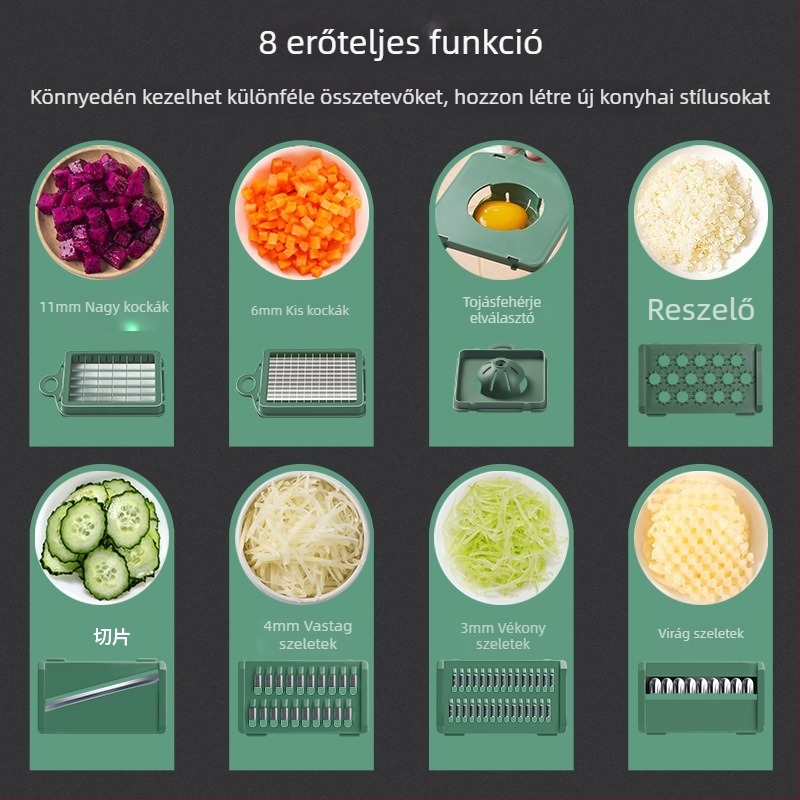 Konyhai többfunkciós zöldségvágó: krumpliszeletelő, reszelő és hagyma kockára vágó