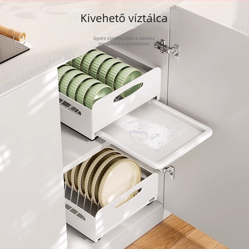 Konyhai edények rendező polc elválasztókkal, beépített kihúzható fiókkal és poharak és tálak csöpögtető tartóval