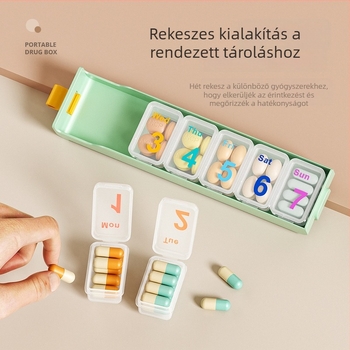 Hordozható gyógyszer- és tabletta szervező hét napos, zárt rekeszekkel