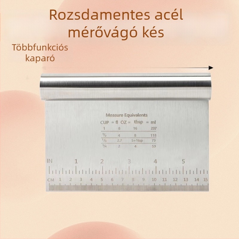 Rozsdamentes acél tésztavágó és spatula, rizstészta kaparó, süteménykészítő eszköz lisztmérő skálával