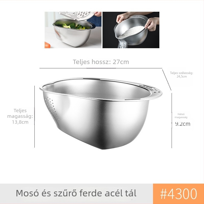 304 rozsdamentes acélból készült – többfunkciós konyhai eszköz leeresztőkosárral, mosómedencével, rizsöblítésre és zöldségek szeletelésére