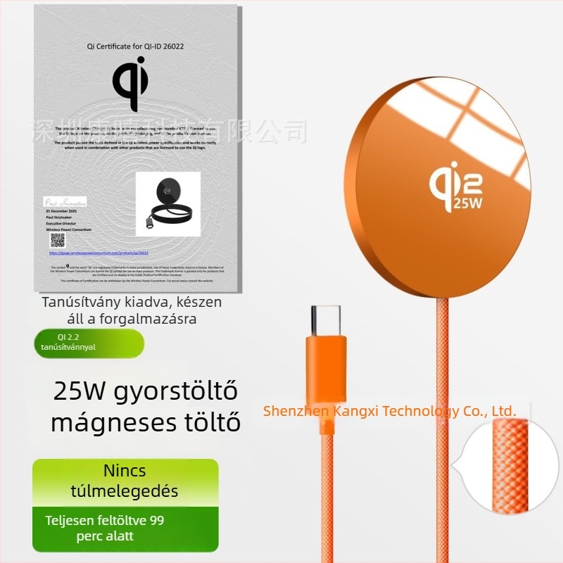 Qi2.2 25W Vezeték nélküli gyors töltő, ultra vékony, alumínium ötvözet, hordozható mágneses töltő, kábelrel