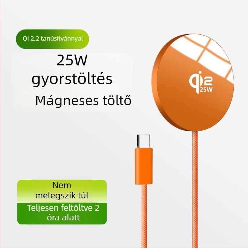 Qi2.2 25W Vezeték nélküli gyors töltő, ultra vékony, alumínium ötvözet, hordozható mágneses töltő, kábelrel