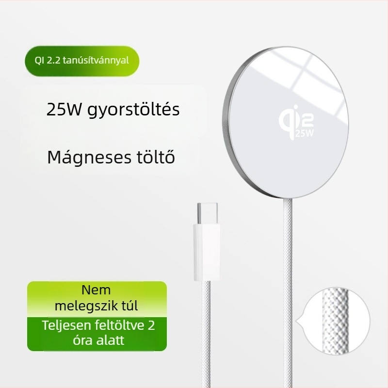 Qi2.2 25W Vezeték nélküli gyors töltő, ultra vékony, alumínium ötvözet, hordozható mágneses töltő, kábelrel