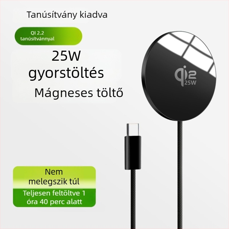 Qi2.2 25W Vezeték nélküli gyors töltő, ultra vékony, alumínium ötvözet, hordozható mágneses töltő, kábelrel