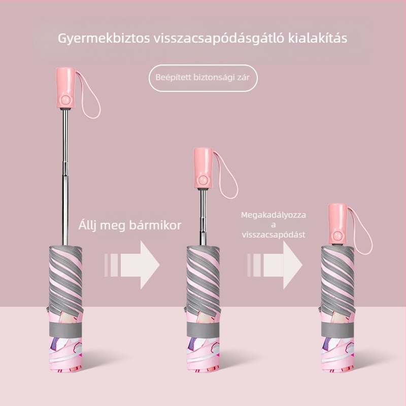 Gyerekeknek szóló automata nyitású esernyő, anti-rebound biztonság, összecsukható háromrészes dizájn, rajzfilmszerű mintával, UV védelem, napsütésre és esőre, alapiskolába és óvodába