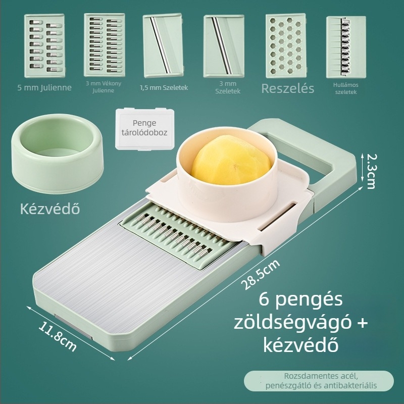 Többfunkciós zöldségvágó kézvédővel, szeletelésre és reszelésre: burgonya, uborka, retek és citrom
