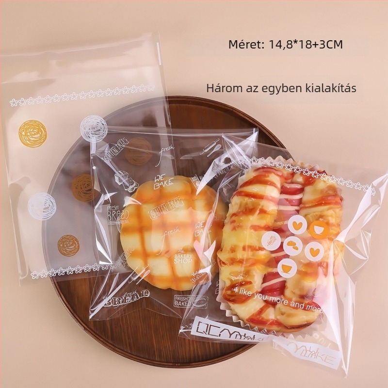 Vastagított átlátszó kenyércsomagoló zacskók, öntapadós záródással, kézműves süteményekhez: zsemlék, ananászos zsemlék, fánkok, bagel
