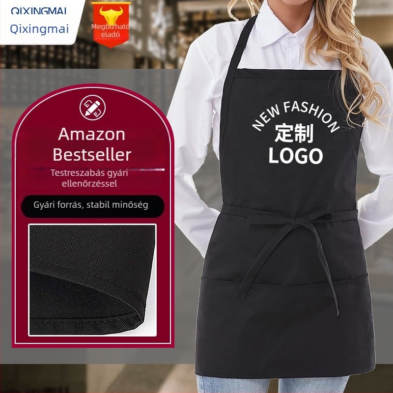 Konyhai kötény három zsebbel, egyedi logóval, denim vászon