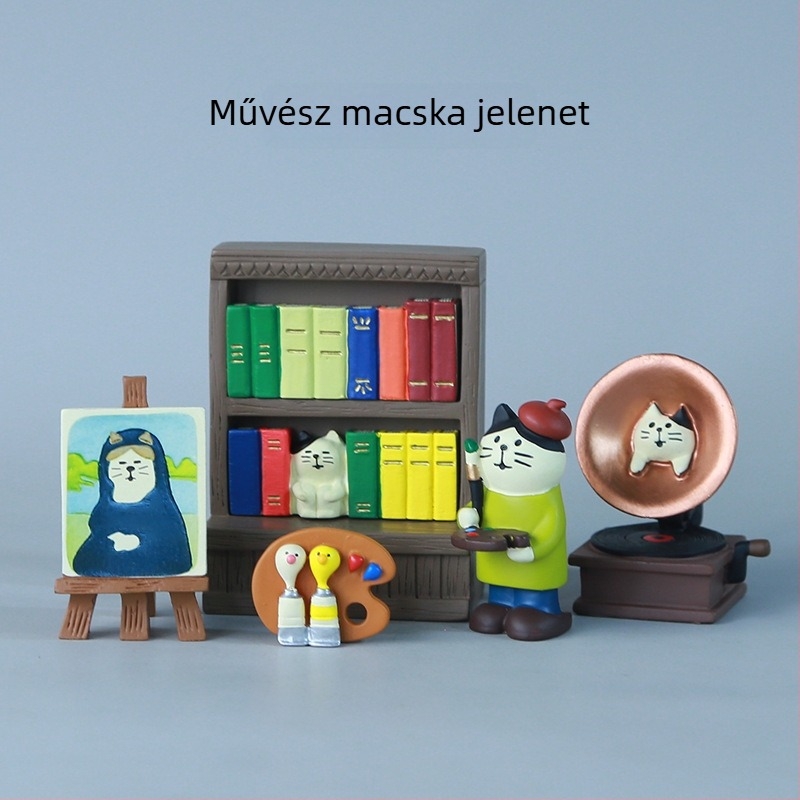 Zakka japán macska festő fonográffal — nyugtató jelenet íróasztalhoz, irodai dísztárgy