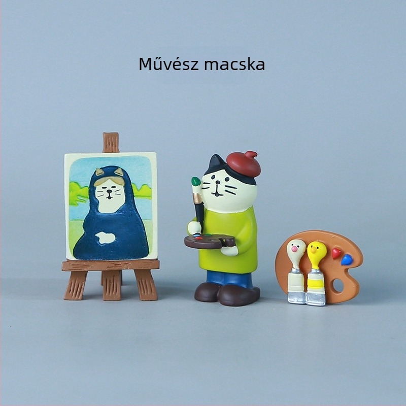 Zakka japán macska festő fonográffal — nyugtató jelenet íróasztalhoz, irodai dísztárgy