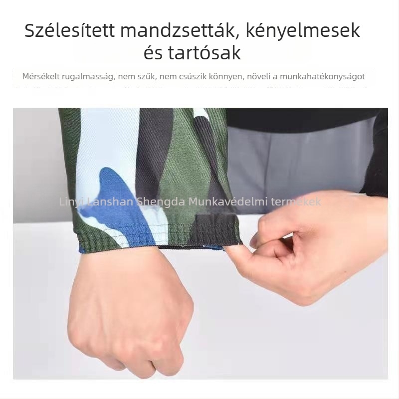 Kamufláž mintás védő ujjszorítók elastikus mandzsettával, hosszú és bő szabású, ellenálló a szennyeződésnek és a piszoknak