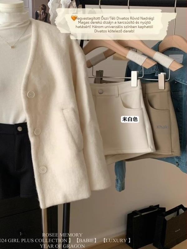 Női magas derekú, szorosan illeszkedő rövidnadrág, őszi–téli 2025, új, karcsú szabás, petites méretűek, elegáns és sokoldalú, A-vonalú, fleece béléssel