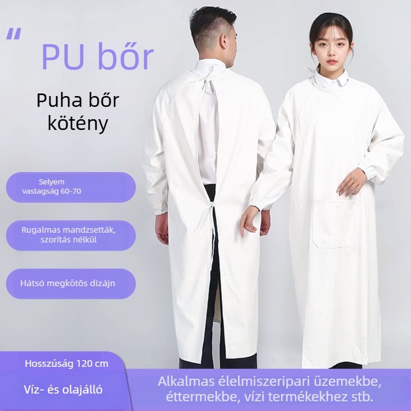 Fehér PU bőr kötény ujjas, vízálló és foltálló, visszafordítható, hosszú ujjú, halak feldolgozásához és vízi termékekhez