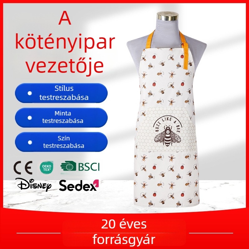 100% pamutból készült kötény felnőtteknek, vízálló otthoni használatra a konyhában és sütéshez, szennyeződés elleni védelem, méh mintával