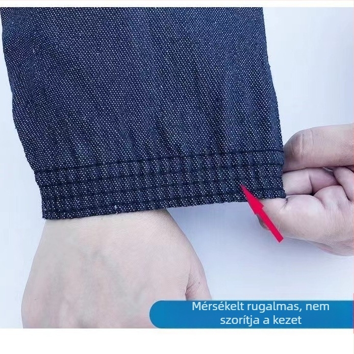 Denim hosszú munkakari védő, vastított, kopásálló, szennyeződés elleni, hegesztésvédelmi, nyárra